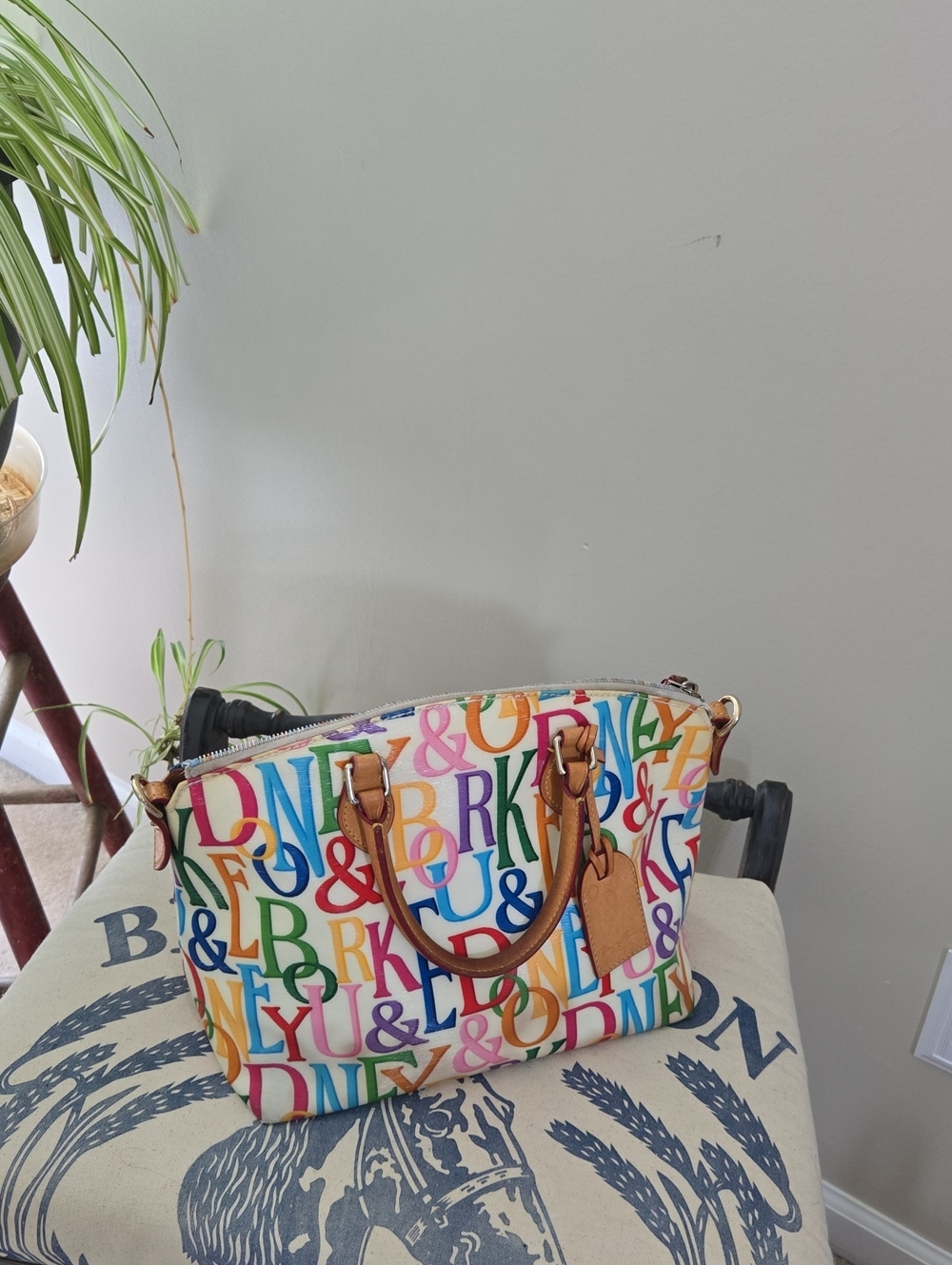 Dooney & Bourke Multicolor Logo Print Satchel with Brown Trim
